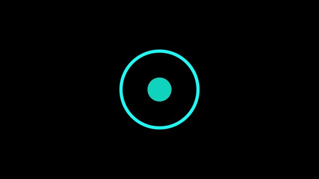 A bright cyan concentric circle with a solid cyan dot in the center against a deep black background symbolizing a target or a focal point in technology or innovation