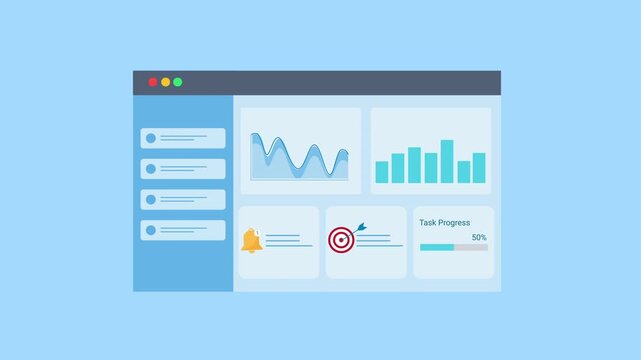 Animated data analytics dashboard interface with charts, graphs, and target indicator icon. Flat vector motion design representing goal tracking, monitoring, and digital business analytics panel.