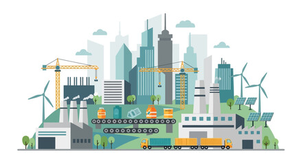 Obraz premium Sustainable Industrial City: Urban Development, Manufacturing, Green Energy, and Logistics Infrastructure Illustration