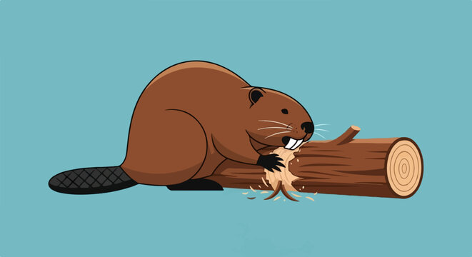 A brown cartoon beaver gnawing on a log, with wood shavings flying