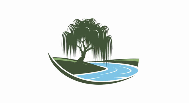 A stylized weeping willow tree leans over a curving blue river