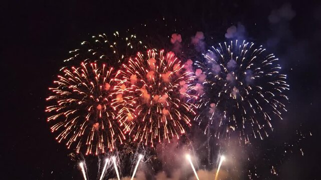 Vibrant fireworks exploding in night sky.