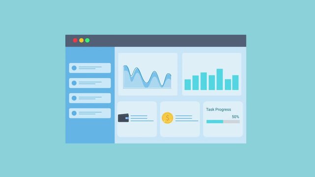 Animated data analytics dashboard interface with charts, graphs, and finance metric indicator. Flat vector motion design representing financial monitoring, reporting, and digital business analytics 