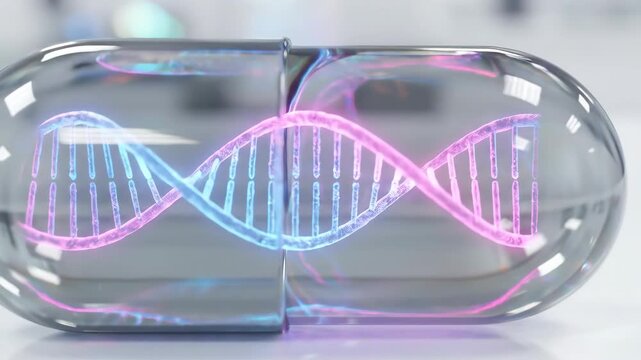 Glowing dna helix forming inside transparent capsule. Pink and blue genetic structure in animated pill. Biotechnology and medical science visualization concept.