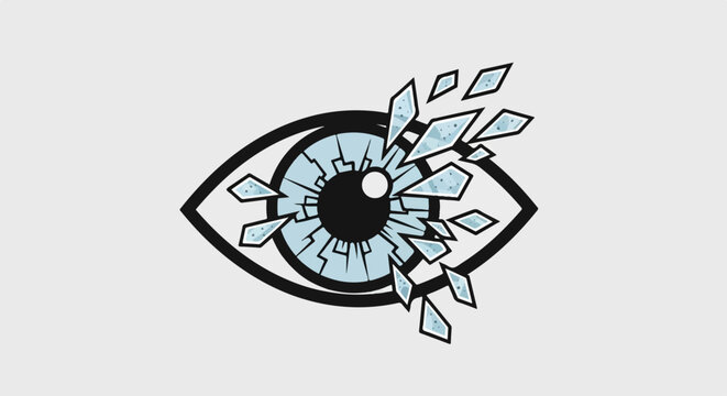 A stylized eye with a cracked iris and shards of ice breaking away from it