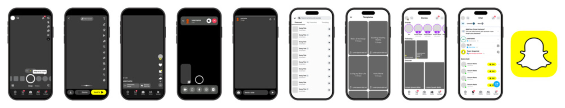 Snapchat Smartphone App UI Screen Set Showing Chat Inbox Stories Profile Settings Messaging Layout and Social Communication Interface Across Multiple Mobile Displays