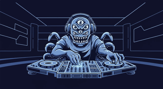A pixelated, multi-eyed, tentacled creature in headphones DJs with a mixer and turntables in a dark room
