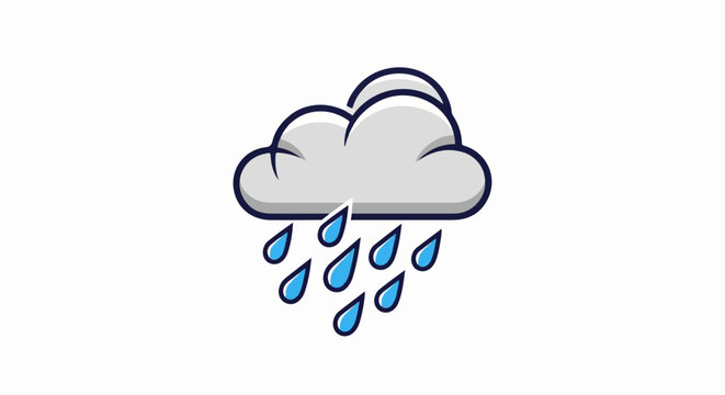 A stylized gray cloud with a dark outline, releasing blue raindrops