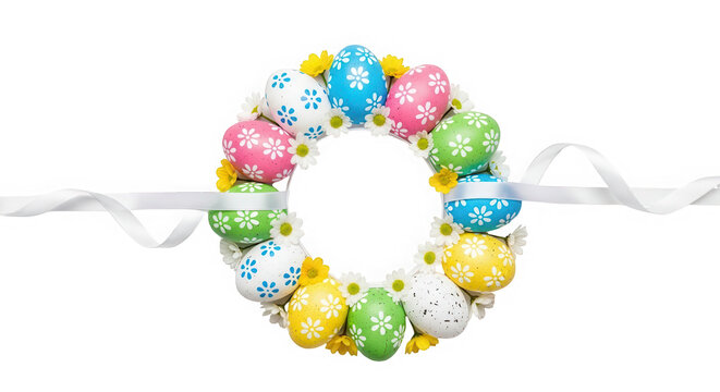 A colorful easter wreath made of candy and eggs isolated on transparent background