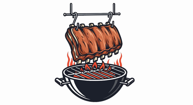 A rack of ribs is grilled over a flaming barbecue grill, creating a delicious meal