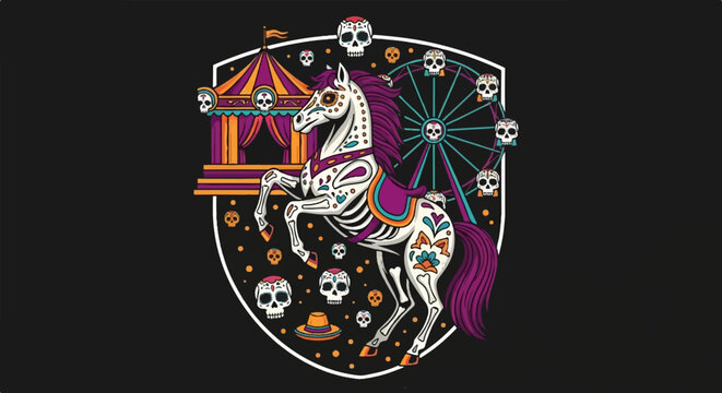 A skeletal horse with skull decorations stands before a Ferris wheel and circus tent