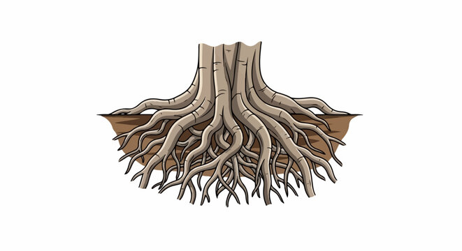 Elaborate, branching roots spread out from the base of a tree trunk, anchoring it in the earth