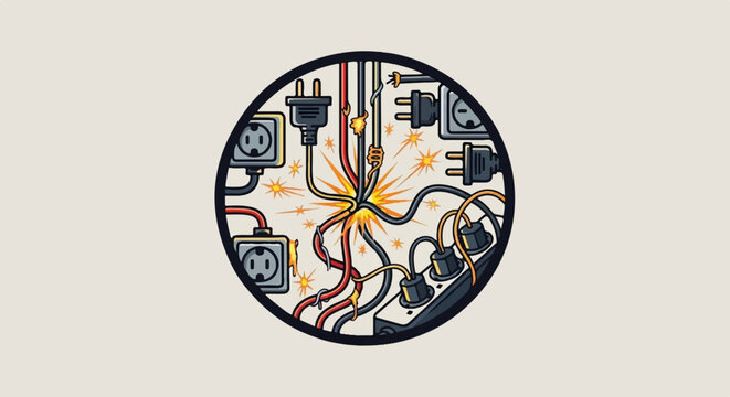 Chaotic tangle of electrical cords and plugs, sparking with energy