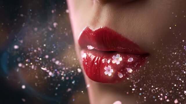 Woman smiling with sparkling red lips in magical transformation. Close-up sequence of glossy lipstick application with glittering particles. Beauty makeup and glamour cosmetic animation concept.