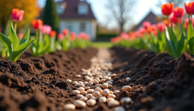 Seeds scattered on garden soil row ready for spring planting. Tulips bloom in background near house. Fresh earth awaits new life. Cultivation and growth begin here. It is time for new beginnings.