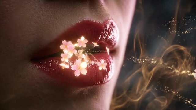 Womans lips ignite with flames transforming into blooming cherry blossoms. Fiery sparks evolve into pink petals. Magical beauty animation of fire to floral rebirth.