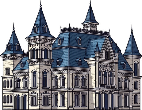 An intricately detailed, pixel-art mansion with multiple towers and blue tiled roofs
