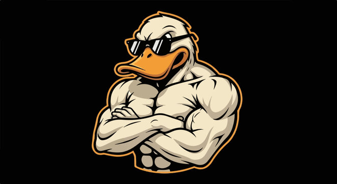 Muscular cartoon duck wearing sunglasses, arms crossed