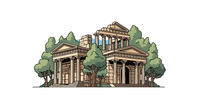 Ancient stone building with columns and trees, illustrative style