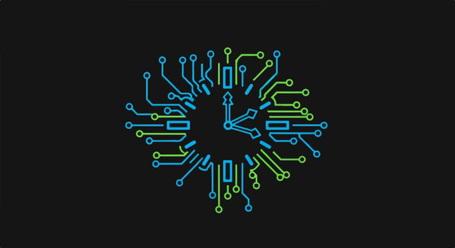 Digital clock face formed by circuitry on a black background