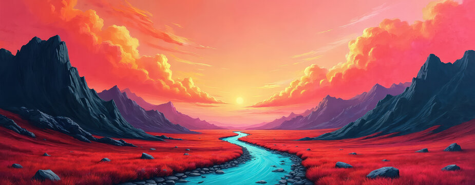Vivid landscape features bright red grass fields, winding blue river. Dark mountains rise towards sky filled with dramatic orange, pink clouds at sunset. Scene offers path towards distant horizon.