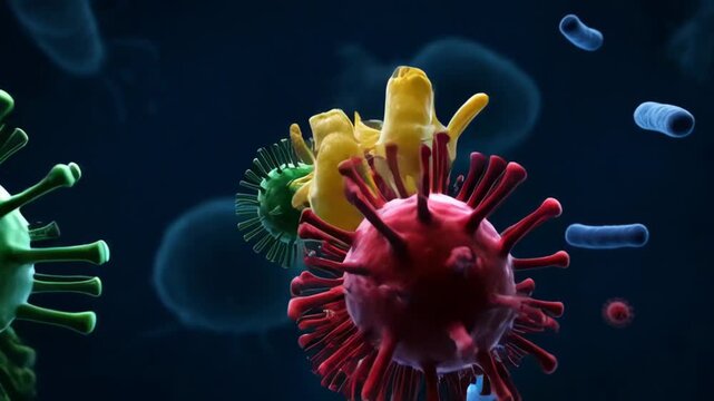 Diverse types of microscopic bacteria and virus cells interacting in a dark blue environment