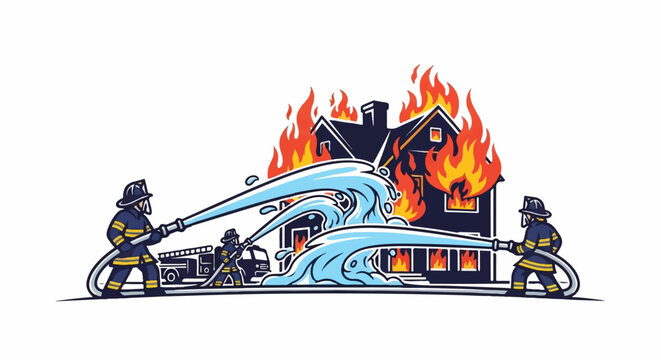 Firefighters battle a burning house with water from hoses, a truck nearby