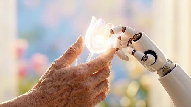 Elderly human hand passes champagne flute to robotic hand. Transition from human to machine assistance in futuristic caregiving. Symbol of technology supporting the aged in daily tasks.