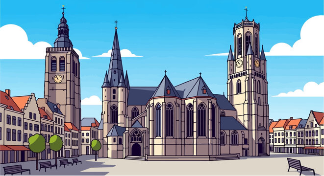 Pixel art scene of a European city square with gothic cathedrals and quaint buildings