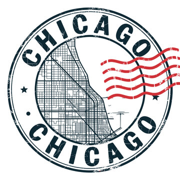 Vintage style circular stamp design featuring a map of chicago