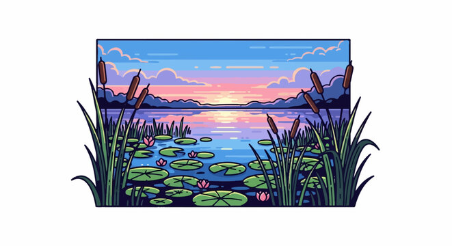 Pixel art serene lake at sunset with reeds and lily pads