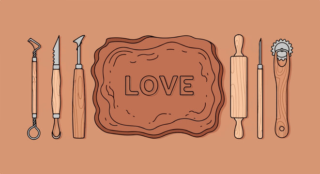 Clay sculpting tools and rolling pin arranged around a textured slab impressed with the word "LOVE