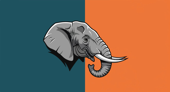 Stylized elephant head in profile, split between teal and orange backgrounds