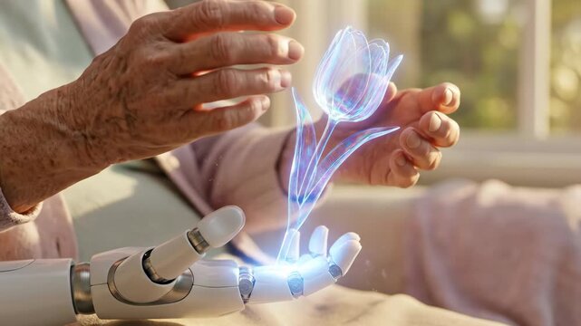 Elderly woman with robotic prosthetic hand holds glowing holographic tulip by window. Future cybernetic technology aids senior interaction with digital augmented reality flower in home.
