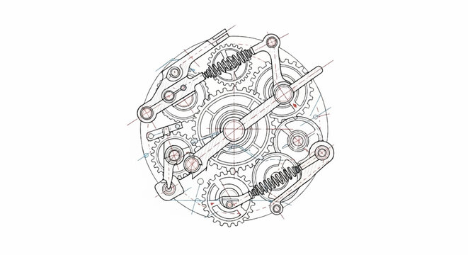 Intricate mechanical diagram of a clockwork mechanism with gears, springs, and levers