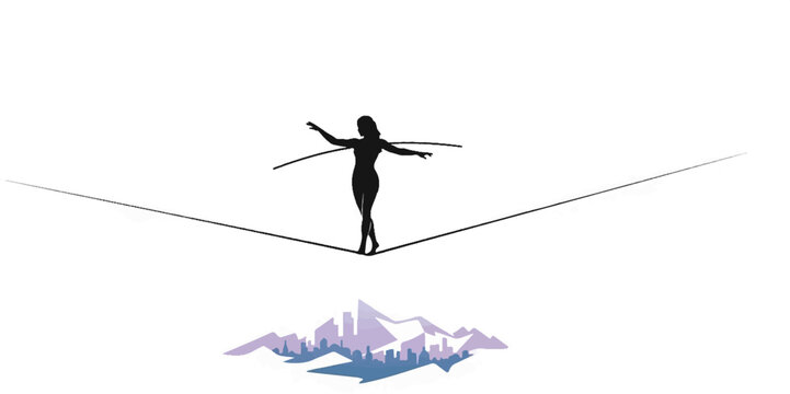 Silhouette of a woman balancing on a tightrope above a stylized city and mountain landscape
