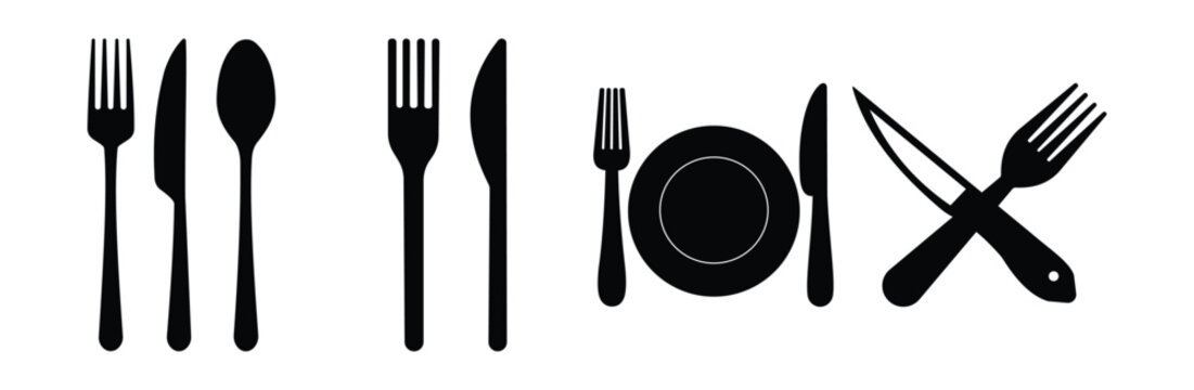Fork Knife Spoon Plate Icon Set &ndash; Restaurant Menu Cutlery Symbol Collection, Dining Tableware Vector Icons Outline and Silhouette Food Service Sign Isolated on White