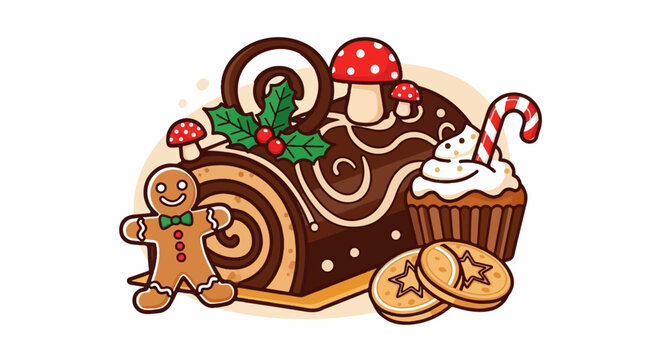 Whimsical Christmas treats a log cake, gingerbread, and cupcake