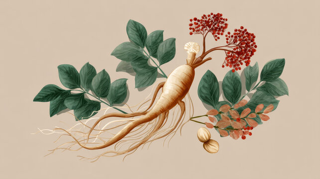 Ginseng Root Ayurvedic Plant vector illustration with Ginseng seed and leaves