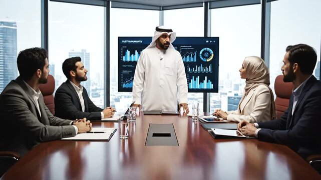 Business meeting in modern office space.