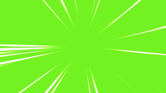 Fast speed lines isolated on green screen background. Comic anime speed line motion in cartoon concept. Action speed lines animation. Radial dynamic comic light speed lines in flash action concept.