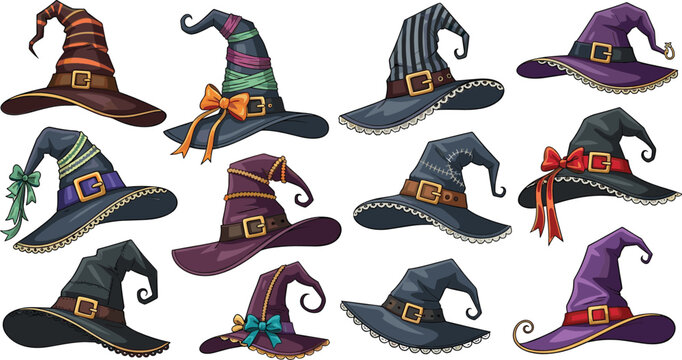 Halloween witch hats collection spooky magic costume accessory cartoon style festive autumn holiday vector illustration set