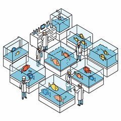Obraz premium Isometric illustration of scientists conducting experiments with various fish in tanks.
