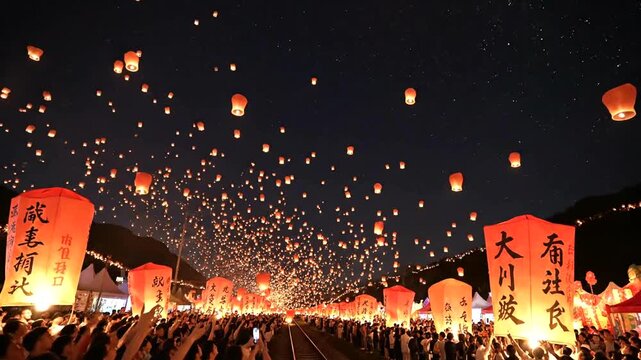 Festive lanterns flying in the night sky.