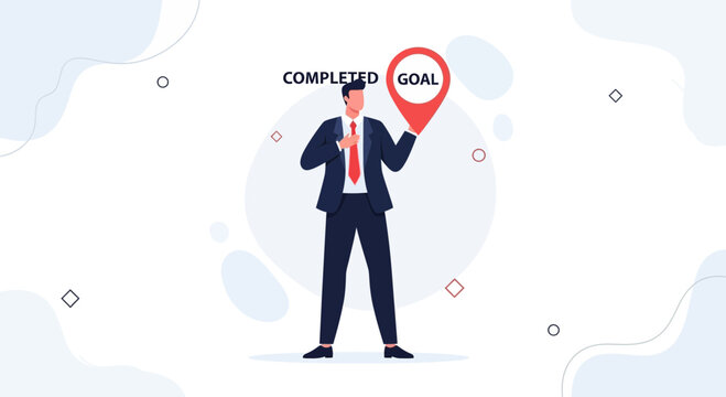 Businessman holding completed goal pin, achieving success in business