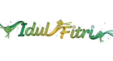 A vibrant and bold "Idul Fitri" text design accented with traditional ketupat decorations, sparkling golden particles, and dynamic green wave elements for a festive atmosphere