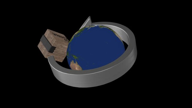 3D animation showing a rotating globe with an arrow and package labeled for China, symbolizing international logistics routes and global trade delivery networks.