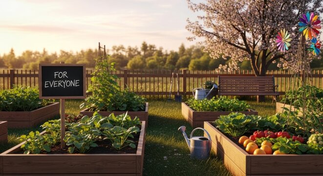 a beautifully organized raised bed garden featuring a mix of vegetables, herbs, and decorative elements like a wind spinner and a small sign