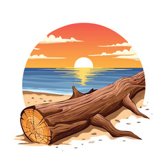 Illustrated log on beach with sunset background for nature themes © ciya