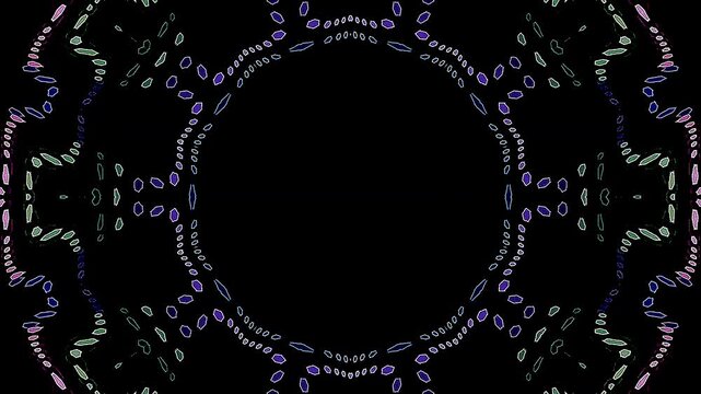 Symmetrical kaleidoscope motif with blue diamond shapes forming a glowing geometric pattern on a black background.	